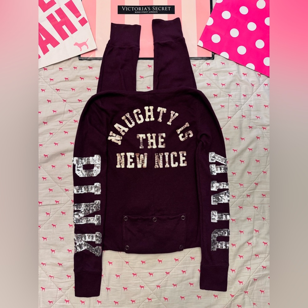 VS PINK VINTAGE ONESIE PJS MAROON “NAUGHTY IS THE NEW NICE” BLING DOG PUP HTF M